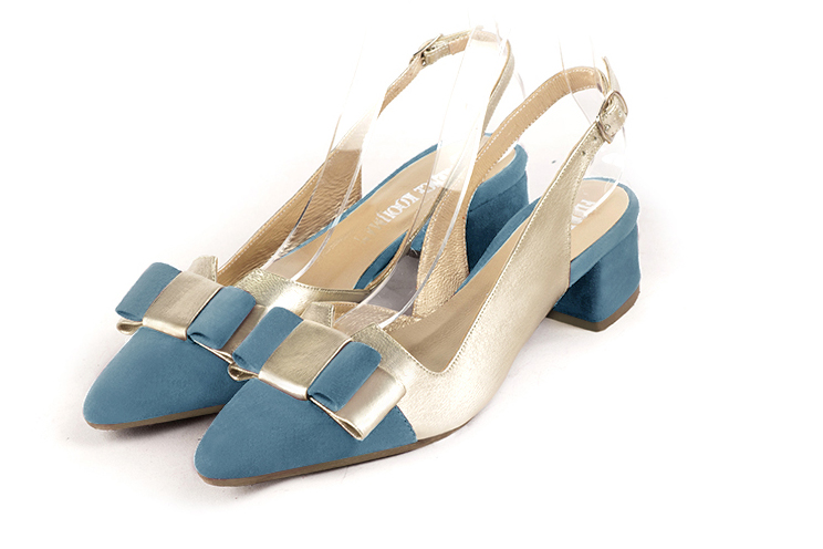 Women's peacock blue and gold elegant slingback heels, with a bow on the front. Tapered toe. Low flare heels - Front view